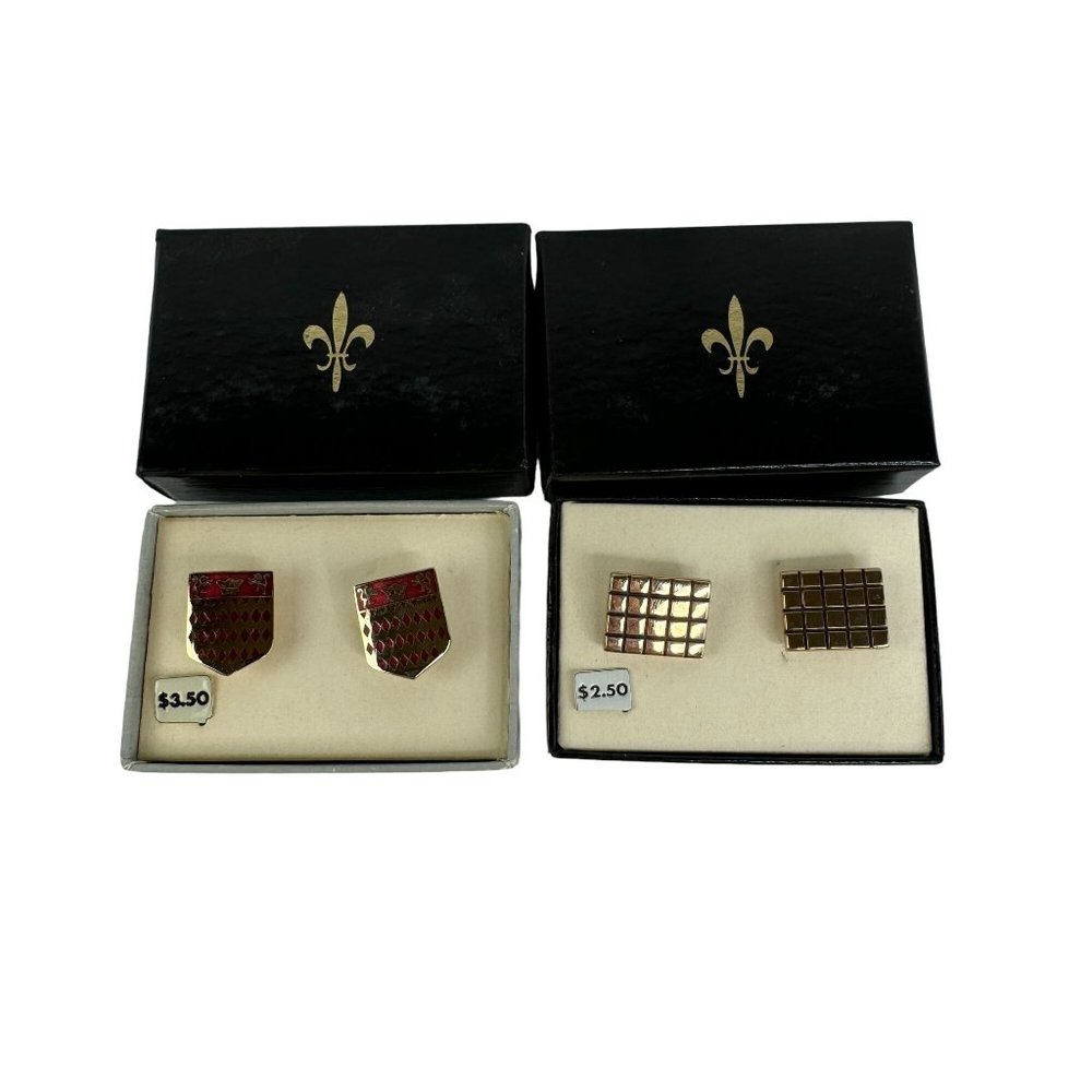 Vintage Hickok Cufflinks 2 Pair Gold Toned Grid Silver Toned Red